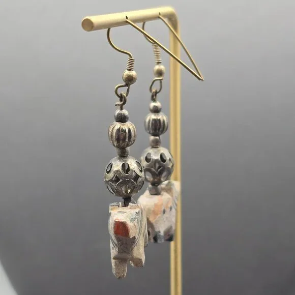 VTG Elephant Dangle Earrings 2.25" Carved Wood & Antique-Style Silver Beads - Picture 9 of 11